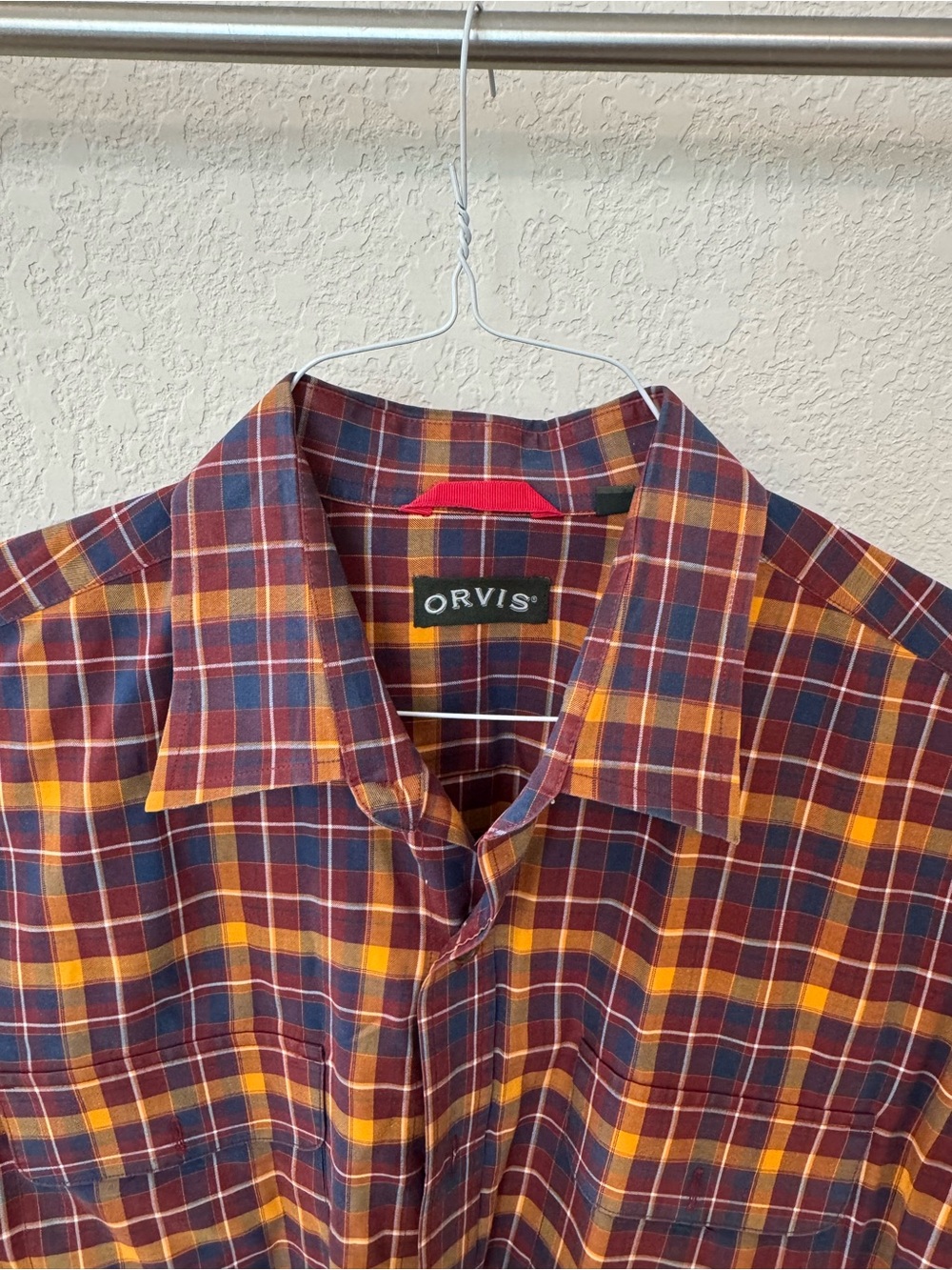 Orvis Men's Plaid Button-Up Shirt in Burgundy & Mustard. Size L.